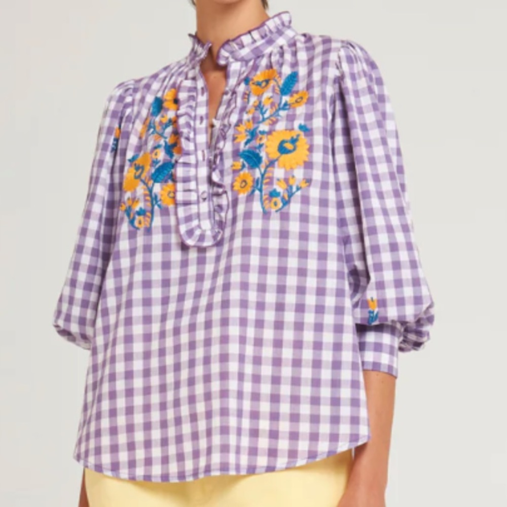 NWT $$278 Sz S Antik Batik Purple Polly Checked 3/4 Sleeve Embroidered Blouse